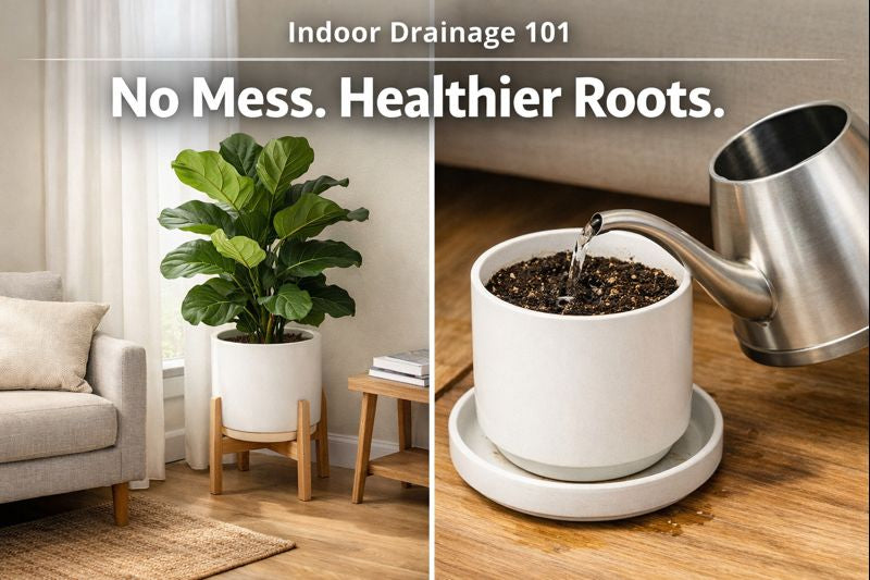 Indoor planter drainage setup with saucer to prevent leaks and keep floors clean.