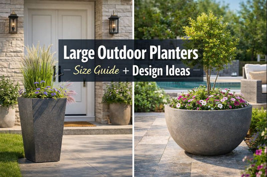 Large outdoor planters on patio and entryway showing size and placement ideas
